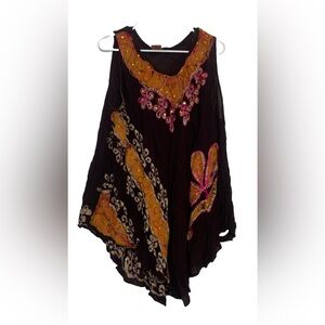 California Women One Size Floral Boho Vibrant Hippie Top Blouse Brown Orange